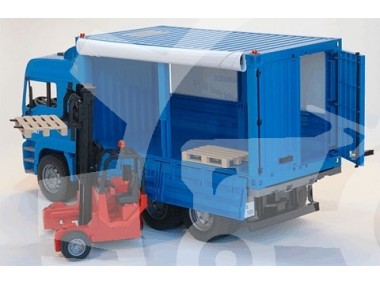 Ciężarówka MAN z kontenerem i wózkiem widłowym